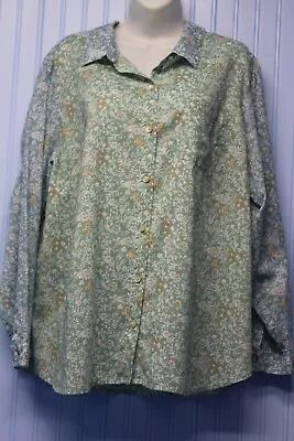 J. Jill 100% Cotton Blue & Green Flowered Ltwt Long Slv Button Front Shirt XXL • $12.50