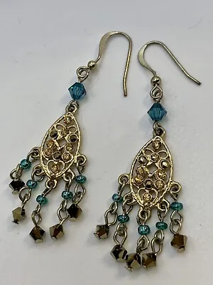 Stunning Handmade Bronze Stone And Turquoise Beaded Gold Chandelleir Earrings • £4