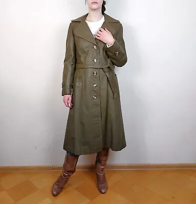 Vintage 70s 80s Khaki Olive Leather Trench Mac Spy Coat Jacket • $145.27