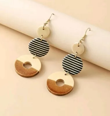 £6.49 • Buy Round Striped Wooden Dangle Drop Earrings Boho Ethnic Retro Womens Jewellery UK