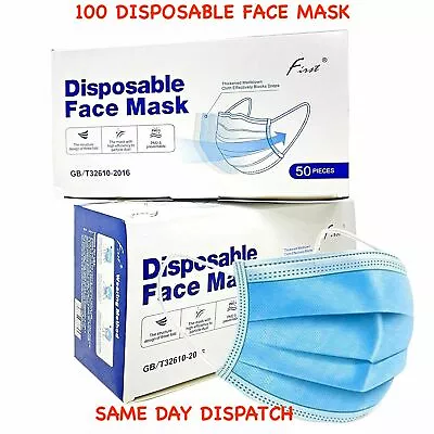 100 Disposable Face Mask Non Surgical 3 Ply Mouth Guard Cover Masks Protection • £5.95