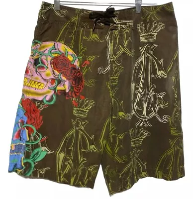 Christian Audigier Ed Hardy Board Shorts Men Size 34 Skulls Roses Crown Y2K Swim • $44.99