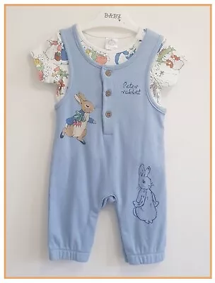 Baby Boys Peter Rabbit 0-3m Blue Dungaree & White T-Shirt 2pc Character Set NEW • £14.99