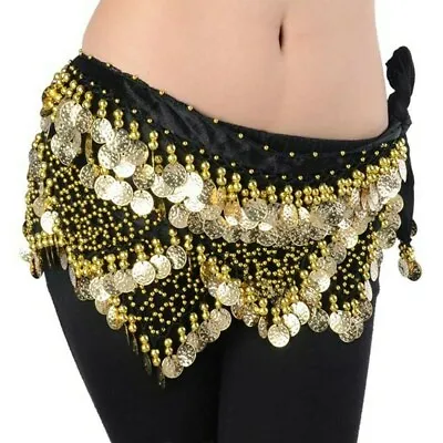 Velvet Belly Dance Hip Scarf Coins & Bead Belt Skirt Wrap Chain Dancing Costumes • £13.90