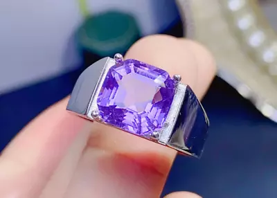 Natural Emerald Cut Purple Amethyst Sterling Silver 925 Handmade Mens Plain Ring • $398.42