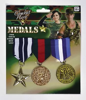 Set Of 3 Military Medals Army Soldier War Hero Fancy Dress Costume Accessory • £6.99