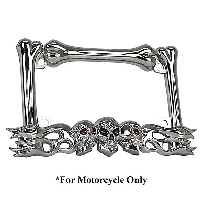 3d Skull Flame Bones Chrome Motorcycle License Plate Frame For Harley-davidson • $13.99