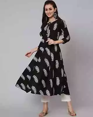 Indian Women Black Cotton Floral Printed Flared Kurta Kurti New Long Dress • $38.27