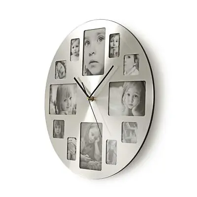 Silver Hanging Modern 12 Multi Photo Family Picture Frame & Time Wall Clock Gift • £22.99