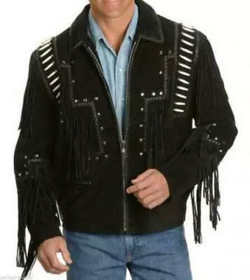 Men Native American Western Cowboy  Real Leather Suede Jacket Zip Fringe & Beads • $119.99