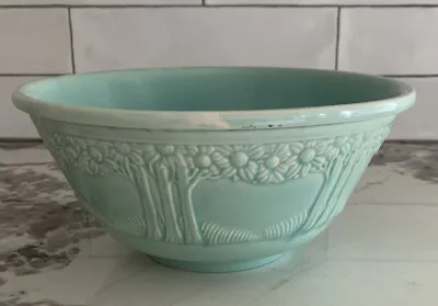 Vintage Homer Laughlin USA Pottery Aqua Blue Apple Trees 9.25 Large Mixing Bowl • $39