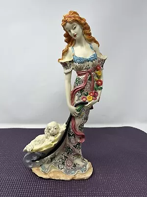 Vintage Chinese Resin Lady With Dog & Flowers Ceramic Figurine 13  Tall • $49.99