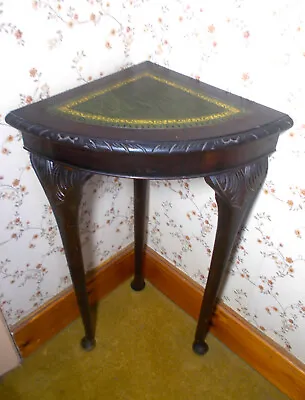 Mahogany Wood Vintage Corner Table Green Leather Top Gold Leaf Inlay Carved Legs • £69.99