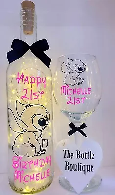 Personalised Birthday Gift Light Up Bottle Wine Glass Set 18th 21st 30th Stitch • £19.95