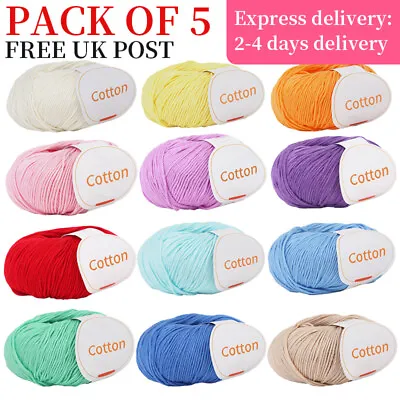 5 X 50g Ball 100% Cotton Yarn  DK Double Knitting Baby Washabled Wool Crochet • £8.88