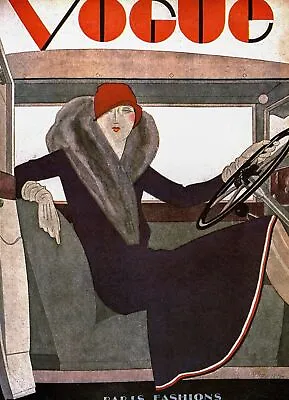 Vogue Magazine Cover 1929 Fur Coat Autocar Paris Fashions Illustration Vintage • $16