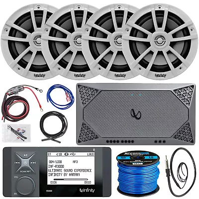 Infinity R3000 Radio 4x 6.5  225W White Boat Speakers 4CH Amp Install Kit • $559.90