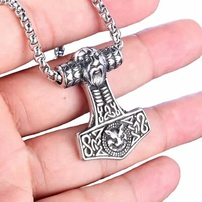 MENDEL Mens Viking Odin Fenrir Thors Hammer Pendant Necklace Stainless Steel • $11.99