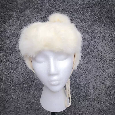 Vintage White Rabbit Fur Hat With Ear Flaps And Pom Pom USA • $65