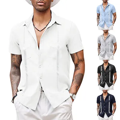£12.09 • Buy Mens Cuban Guayabera Shirt Summer Button Down Shirts Short Sleeve Hippie Beach