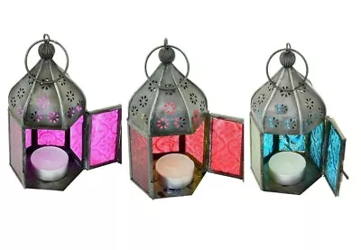 15CM Indian Tonal Lantern Glass Mini Iron Moroccan Tea Light Holder Garden Home • £7.95