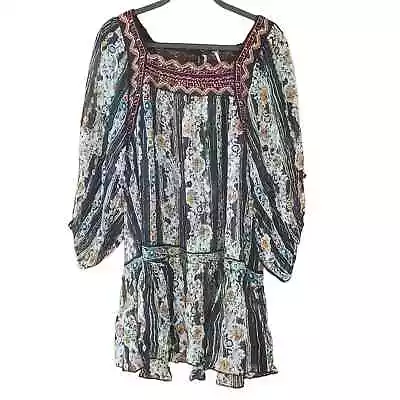 Free People Dance Magic Embroidered Boho Sheer Floral Dress Tunic Sz M Black  • $55