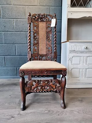 Victorian Cane Chair Antique Oak Barley Twist Statement Hall Dining Gothic • £250