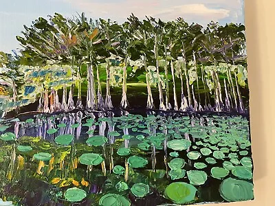 Spanish Moss Bald Cypress Lily Pads Oil On Canvas 10 X 10” Impressionism Impasto • £87.30