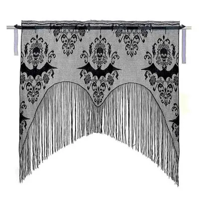 Halloween Tassel Curtain Skull Curtains For Windows Set 2 Black Halloween Lace  • £12