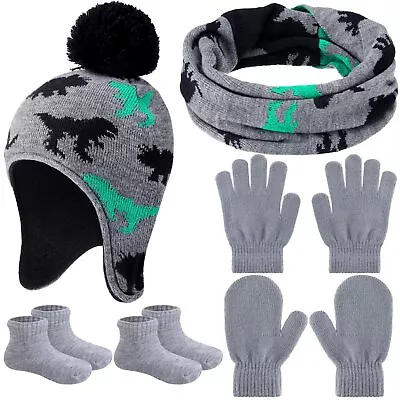 Baby Winter Hat Scarf Gloves Socks Set Dinosaur Pompom Beanie Hat Earflaps Ca... • $26.58