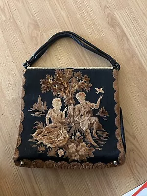 1960 Needlepoint Brocade Carpet Bag Purse COURTING SCENE Tapestry Huge Handbag • $74.95