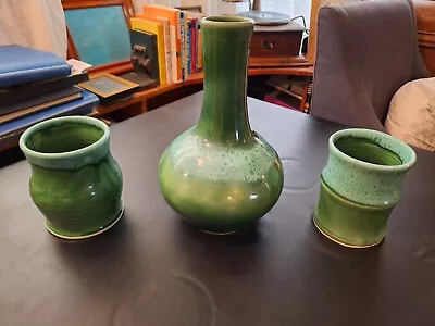 Vintage Green Drip Glaze Pottery Hand Made So Cal. Art Set Vase 3 Marked  June  • $35