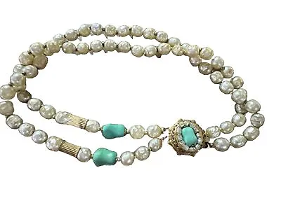 MIRIAM HASKELL DOUBLE STRAND BAROQUE PEARL NECKLACE Turquoise Glass Beads Signed • $285.95