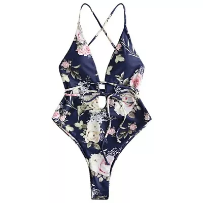 Sexy Zaful One Piece Bathing Suit Size S Multi Ways To Wear Navy Floral  Spandex • $25