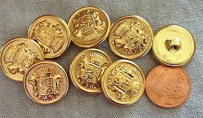 $6.49 • Buy 8 Shiny Gold Tone Metal Shank Buttons Puffed Crown Crest 3/4  19mm # 7466