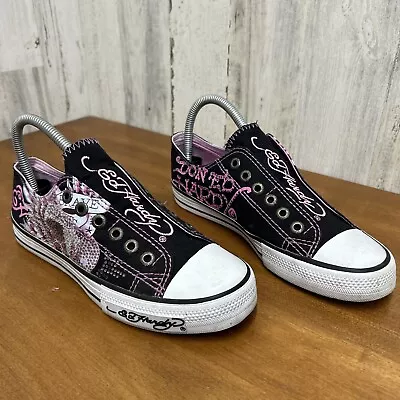 Ed Hardy Pink Rose Bejeweled Canvas Laceless Sneakers Size 7 • $30