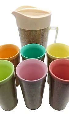 Vintage Tumblers & Pitcher Raffia Thermo Ware Burlap 6 Different Color Drinkware • $40.17