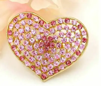 Vintage Look Gold Plated Pink Stones Heart Brooch Suit Coat Broach Cake Pin Ao1 • £11.99