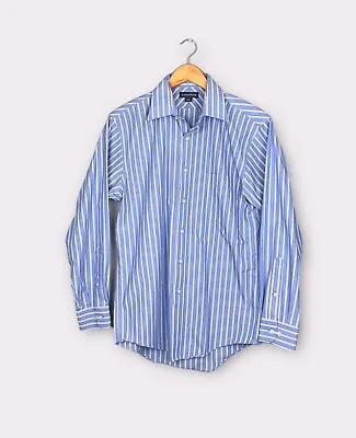 Lands End Smooth Cotton Blue Stripe Button Up Size 15 32 33 • $14.99