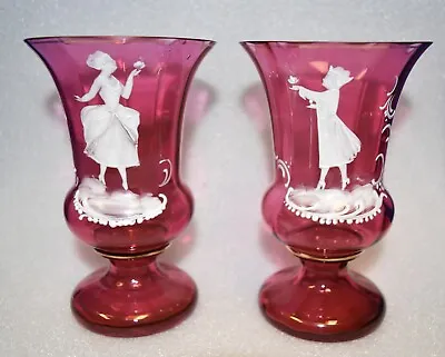 Antique Cranberry Ruby Red Bohemian Glass Mary Gregory King Queen Vases!  • $49.99