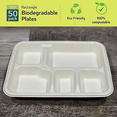 Biodegradable White 5 Compartment Plates -50 Pack -Eco-Friendly Disposable Plate • $19.99