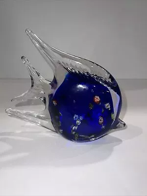Murano Glass 5” Blue Fish With Yellow Brown & White Swirls Made In Italy  • $32.39