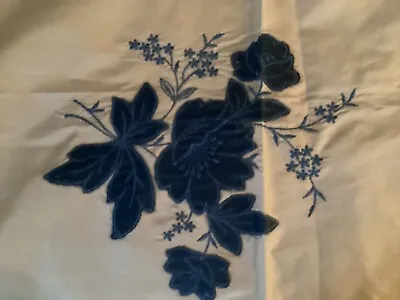 Vintage Fabric Decor Sample Taffeta? Cream With Blue Velvet Flowers & Embroidery • $15