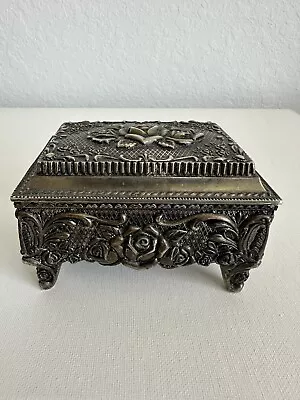 Vintage Jewelry Box Silver Plated Embossed 3D Floral Footed Trinket Box Lined • $19.99