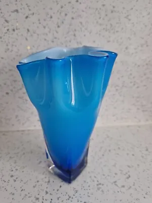 Turquoise Blue And White  Glass Small Handkerchief Vase • £8.99