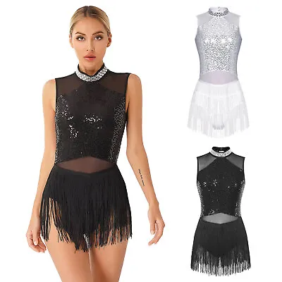 Women Sequined Tassel Latin Dance Dress Mesh Leotard Salsa Tango Cha-Cha Costume • £19.59