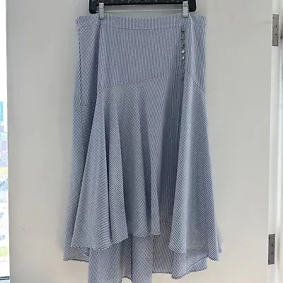 CALVIN KLEIN Blue White Striped Midi Skirt Button Accent Size 14 • $20