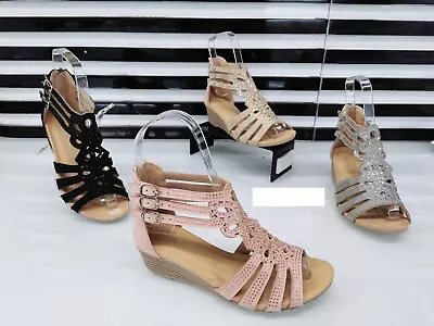 £13.99 • Buy Womens Girls Ladies Strappy Gladiator Flower Daimente Casual Wedge Sandals Size