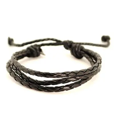 BLACK FAUX LEATHER BRACELET Braided Triple Cord Adjustable Surfer Hemp Men Women • £2.80