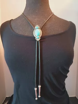 Southwestern Bolo Tie With Faux Turquoise Stones Black Cord Very Nice! • $11.99